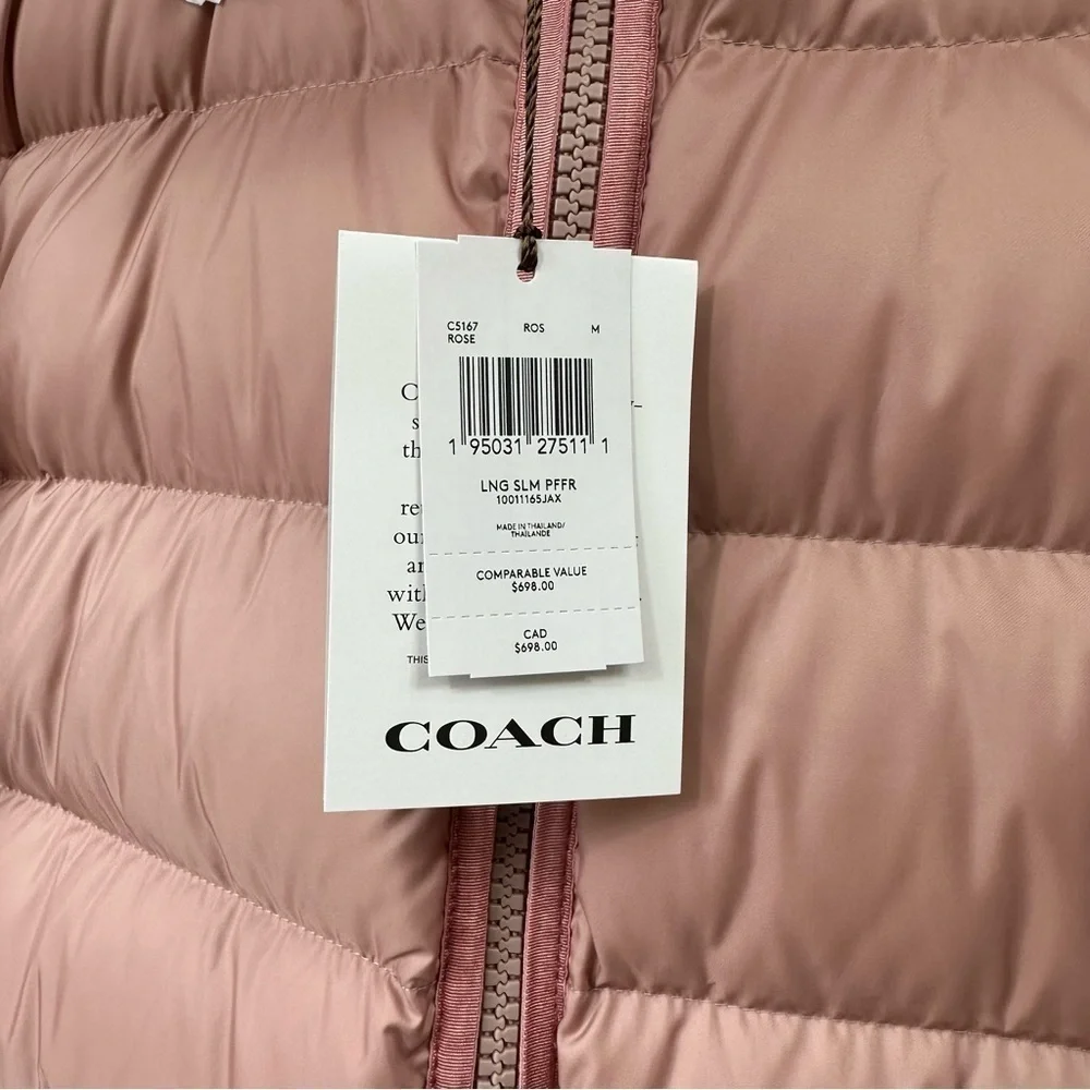 COACH Long Slim Puffer, Rose Pink, Winter Coat, Medium